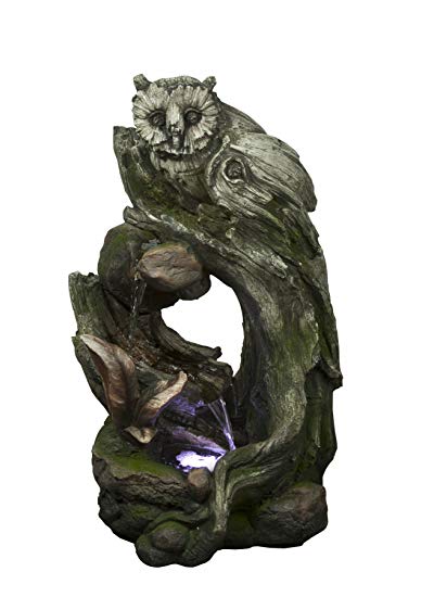 Alpine WIN928 Owl Rainforest Tree Trunk Fountain with White LED Light, 32