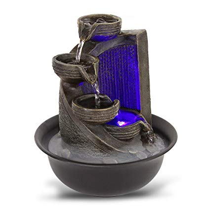 SereneLife 4-Tier Desktop Electric Water Fountain Decor w/ LED - Indoor Outdoor Portable Tabletop Decorative Zen Meditation Waterfall Kit Includes Submersible Pump & 12V Power Adapter