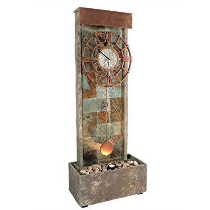 Sunnydaze Slate Indoor/Outdoor Water Fountain with Clock and Halogen Light, 49 Inch Tall