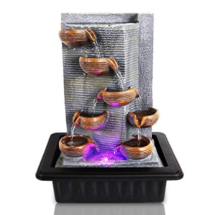 SereneLife Multi Tiered Desktop Electric Water Fountain Decor w/LED - Indoor Outdoor Portable Tabletop Decorative Zen Meditation Waterfall Kit Includes Submersible Pump & 12V Adapter - SLTWF85LED