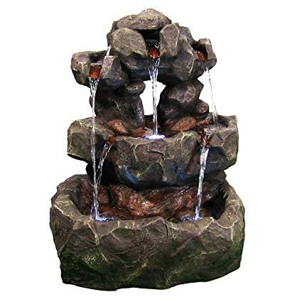 Sunnydaze Layered Rock Waterfall Outdoor Fountain with LED Lights, 32 Inch
