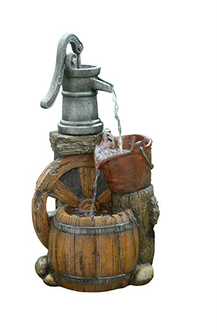 Alpine WCT688 Old Fashion Pump Barrel Rustic Fountain, 24 Inch Tall, Grey/Brown