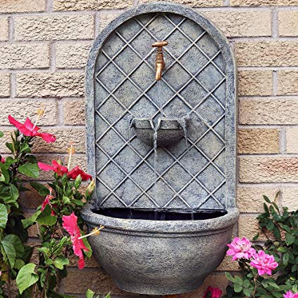 Sunnydaze Messina Outdoor Wall Fountain, with Electric Submersible Pump 26-Inch, French Limestone Finish