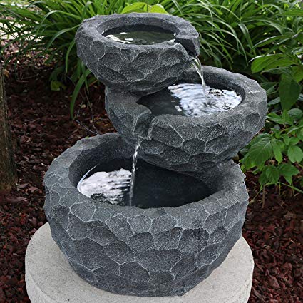 Sunnydaze 3-Tier Chiseled Basin Solar on Demand Garden Fountain, 17 Inches, Includes Battery Pack