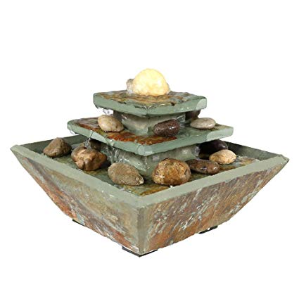 Sunnydaze Ascending Slate Tiered Water Fountain with LED Light, 8 Inch