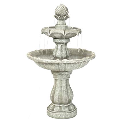 Sunnydaze Two Tier Solar Power Outdoor Water Fountain, White Earth, 35 Inch Tall