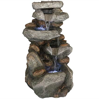 Sunnydaze Rock Falls Outdoor Water Fountain with LED Lights, 34 Inch Tall