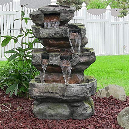 Sunnydaze Outdoor Tiered Stone Waterfall Garden Fountain with LED Lights, 24 Inch Tall