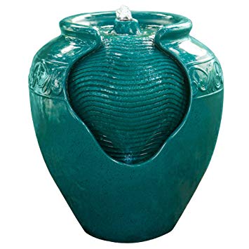 Peaktop - Teal Glazed Pot Floor Fountain with LED Light for Outdoor Décor, 15.3 By 15.3 By 17 Inch