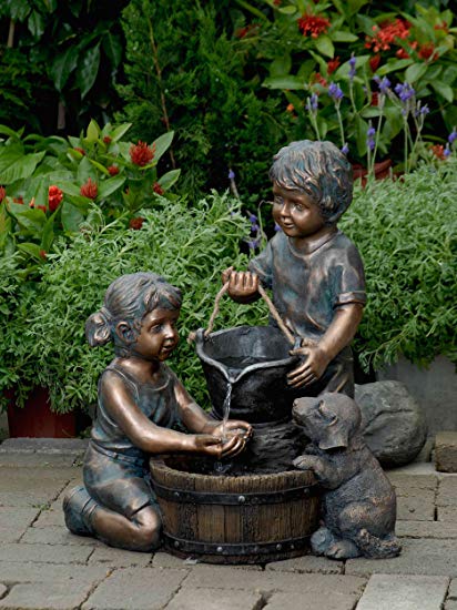 Polyresin and Fiberglass Two Kids and Dog Fountain