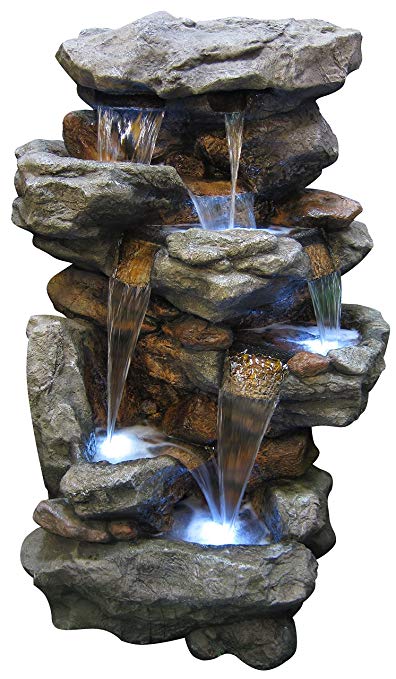 Alpine WIN730 Rainforest Rock Tiered Floor Fountain with LED Lights, 51 Inch Tall