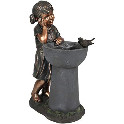 Sunnydaze Little Girl Admiring Water Spout Outdoor Water Fountain, 28 Inch Tall, Includes Electric Pump