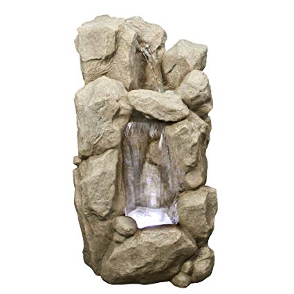 High Granite Cliff Waterfall Fountain: Outdoor Water Feature for Gardens & Patios - Handcrafted w/LED lights - Pump Included