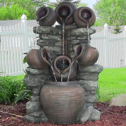Sunnydaze Old World Tiered Pitchers Outdoor Garden Fountain with LED Lights, 31 Inch Tall