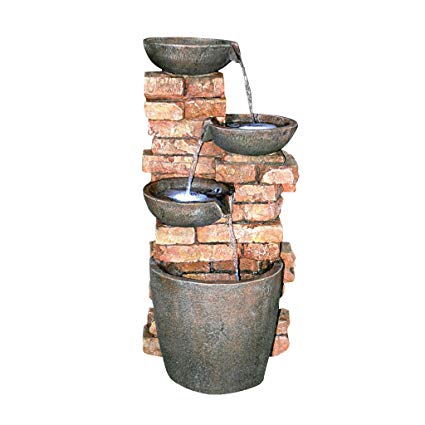 Water Fountain with LED Light - Nearly 3 Foot Tall Stacked Bricks Cascading Water Pots Garden Decor Fountain - Outdoor Water Feature