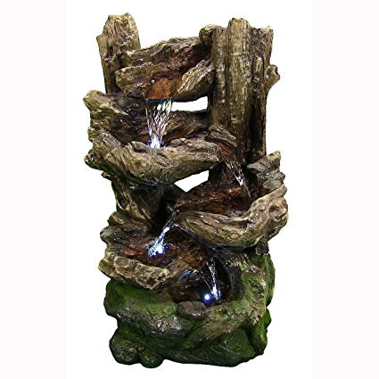 Sunnydaze 5-Tiered Woodland Outdoor Garden Fountain with LED Lights, 25 Inch Tall