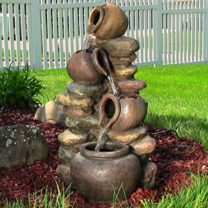 Sunnydaze Honey Pot with Stones Outdoor Garden Water Fountain with LED Lights, 25 Inch Tall