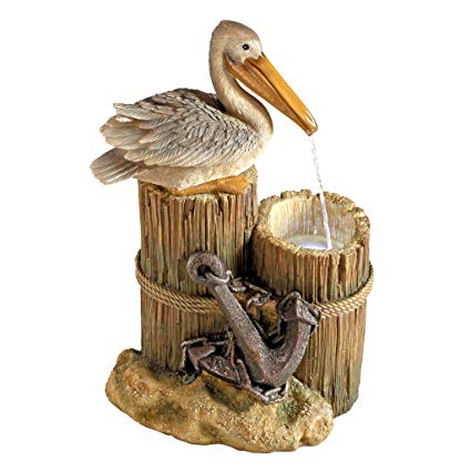 Coastal Decor Water Fountain with LED Light - Pelican's Seashore Roost Garden Decor Fountain - Outdoor Water Feature