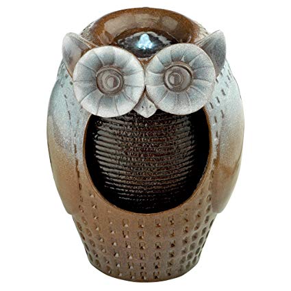 Water Fountain with LED Light - Professor Owl Decor Fountain - Faux Ceramic Outdoor Water Feature