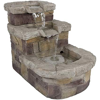 Sunnydaze 3-Tier Brick Steps Outdoor Water Fountain, 21 Inch, Includes Electric Submersible Pump