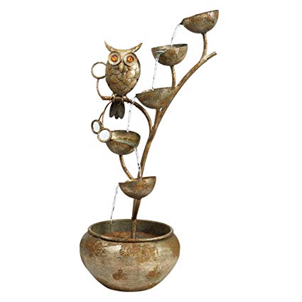 Water Fountain - Nearly 3 Foot Tall Whooo's Watching Owl Decor Metal Fountain - Outdoor Water Feature